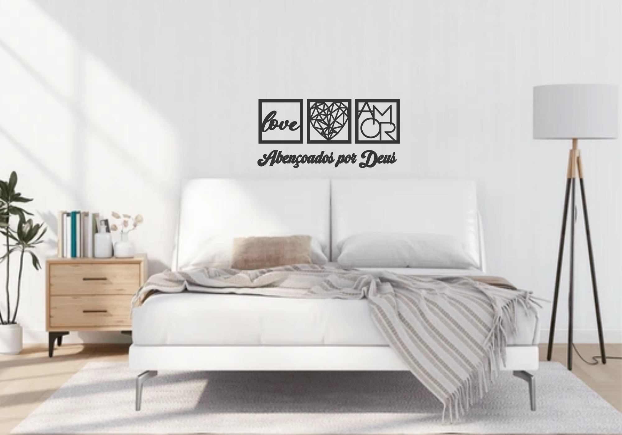 Kit 3 Quadros Mdf-love, Coração Geométrico e Frase Religiosa - 3