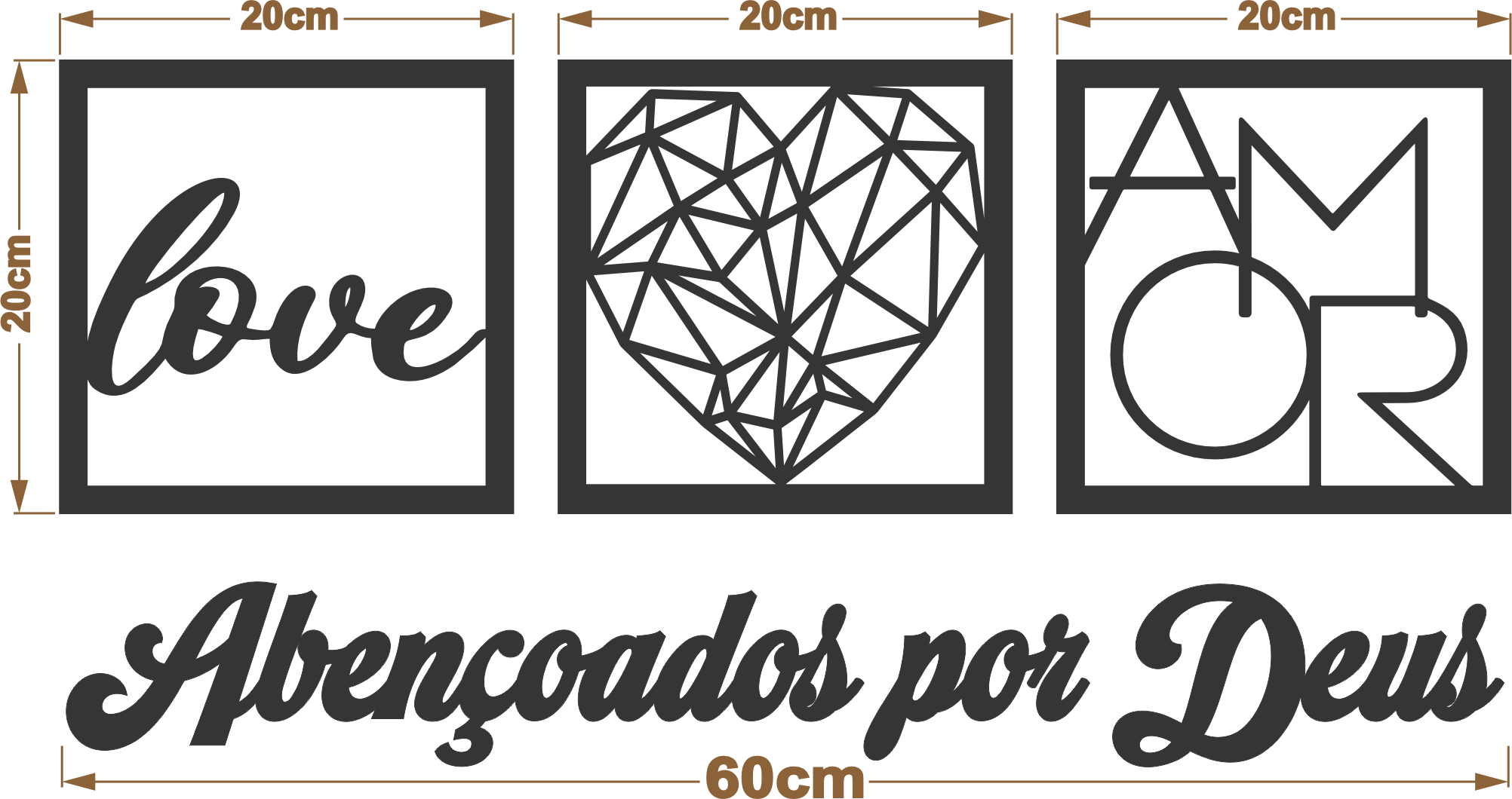 Kit 3 Quadros Mdf-love, Coração Geométrico e Frase Religiosa - 5