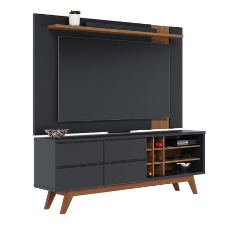 Conjunto Painel de Tv Eldorado até 70 Polegadas + Bancada Luciara c/ Nichos Garrafeiros Preto Fosco/