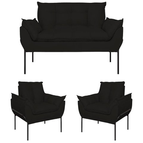 Kit 02 Poltronas + Namoradeira Pé Metal Preto Recepção Sala Cor:preto