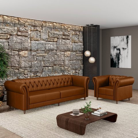 Conjunto Sala de Estar 1 Sofá Living 240cm e 1 Poltrona Stanford Chesterfield Pés Madeira Couro Cara