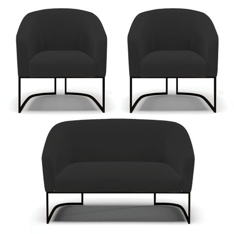 Sofá Namoradeira e 2 Poltronas Base Industrial Preto Stella Veludo D03 - D'Rossi Cor Preto
