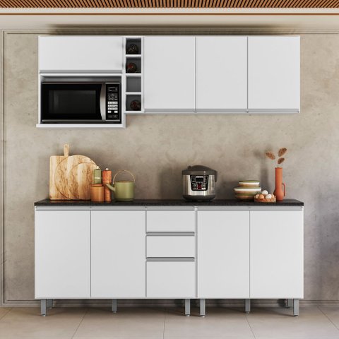Cozinha Modulada Compacta com Garrafeiro 7 Peças 200cm Evidence Poliman Móveis
