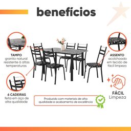 Conjunto de Mesa Itália com 6 Cadeiras 1,40m Preto / Floral Granito Artefamol Preto Fosc - 5