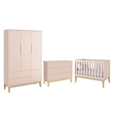Dormitório Completo Infantil Classic 3 Portas, Cômoda 6 Gavetas e Berço Rosa Fosco com Pés Madeira N