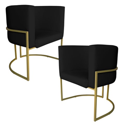 Kit 2 Poltronas Decorativa Luana Base Gold Pu Preto - Montanaris Decor Md Montanaris Decor