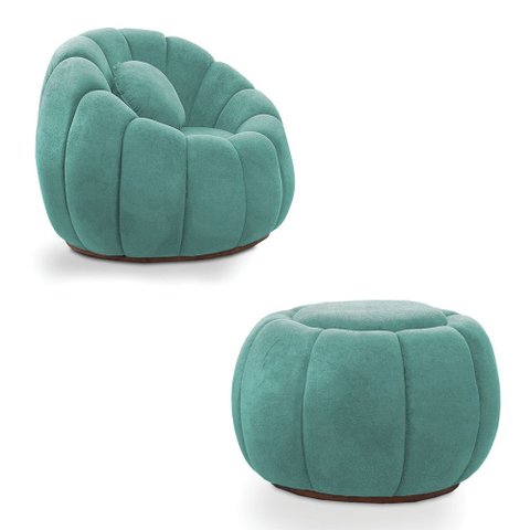 Poltrona Decorativa Orgânica Giratória com Puff Cloud Bouclê Azul Turquesa E03 - D’Rossi