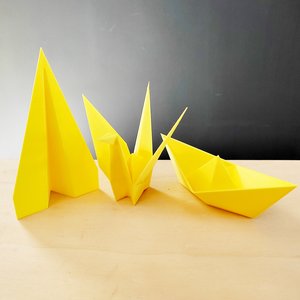 Trio estatuetas Origami G - Tsuru, Barquinho e Avião:Amarelo