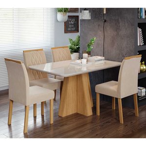 Conjunto Sala de Jantar Mesa Maite 130x80 cm e 4 Cadeiras Juliana Cimol Nature/Off White/Madeira/Nud