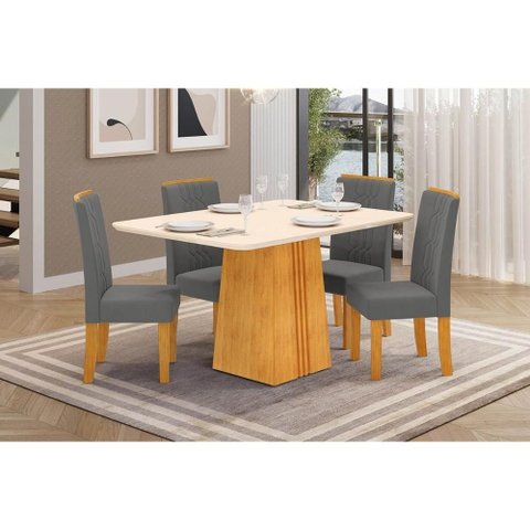 Sala de Jantar Completa Italia C/ Tampo Madeirado C/ Vidro 120x90cm e 4 Cadeiras Zoe Cedro/off White