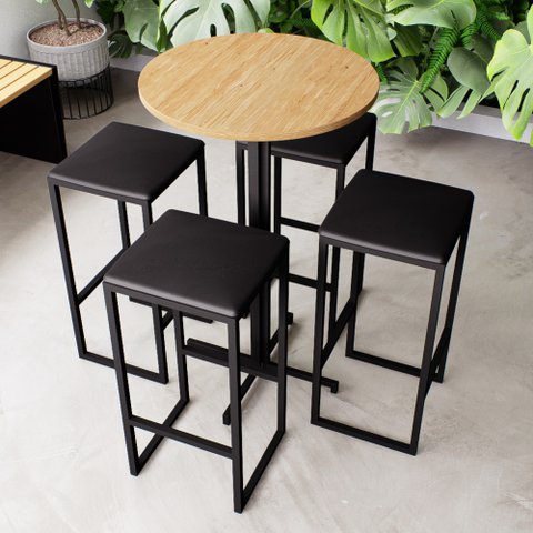 Conjunto Mesa Alta Bar Bistrô Redonda Pinus 4 Bancos Estofado Industrial Black Don Castro Decor Indu