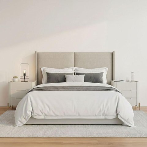 Cabeceira Queen Estofada 176cm com 2 Mesas de Cabeceira 100% Mdf Cor:linho Philips Alumínio e Luna