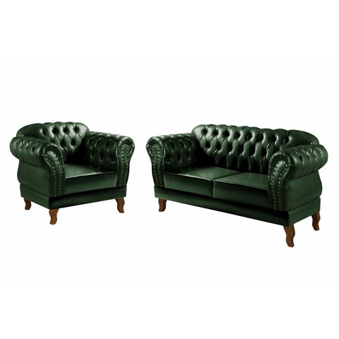 Kit Sofá Dom Pedro Chesterfield 2 Lugares + 1 Poltrona Decoração Sala Recepção - Couríssimo Verde