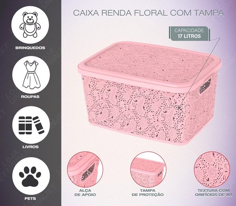 Kit 3 Caixas Cestos Organizadoras Rosa Uninjet 17l Floral:rosa - 2