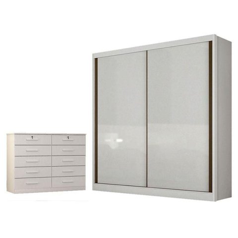 Guarda Roupa Solteiro Toledo 2 Portas 3 Gavetas MDF MDP com Cômoda Sapateira Seul Neve