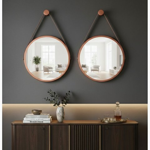 Kit 2 Espelhos Redondo Adnet Decorativo Suspenso com Alça 50cm + Suporte Cobre com Alça Caramelo