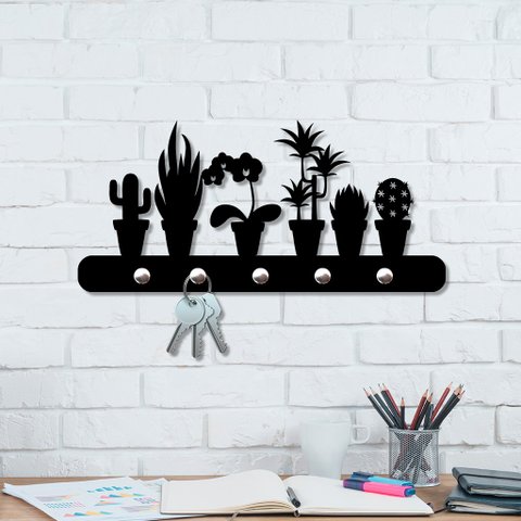 Porta Chaves de Parede 6mm Plantas Decorativo em MDF:PRETO