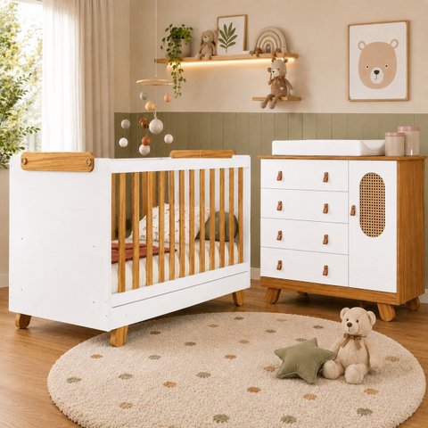 Kit Quarto Bebê Pingo Berço e Cômoda Tela Branco/Amêndoa