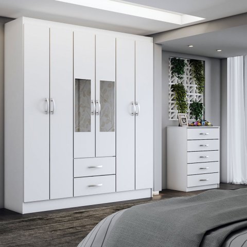 Guarda-roupa Casal Henry 6 Portas 2 Gavetas e Espelho com Cômoda 5 Gavetas Branco - Panorama Móveis