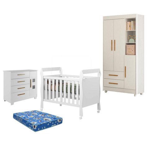 Guarda Roupa Flocos com Cômoda Fly e Berço Americano Soninho Branco Acetinado Colchão Americano Orto