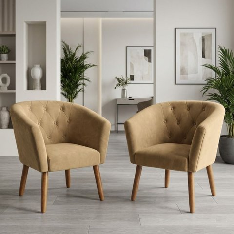 Jogo 2 Poltronas Estofadas Tecido Veludo Elegante para Sala de Espera Aconchegante Pés de Madeira Re