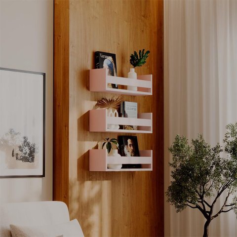 Kit 3 Prateleiras Porta Livros Rosa 50 X 12cm Suporte Invisivel
