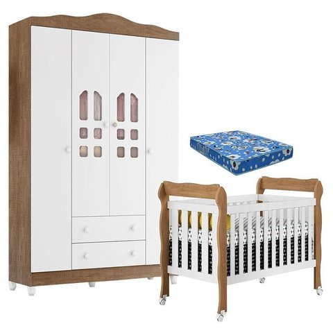 Berço Americano Lila e Guarda Roupa Infantil New Selena 4 Portas Branco Acetinado Amadeirado com Col