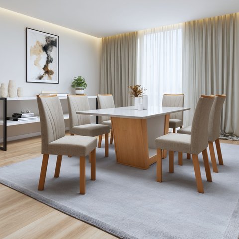 Conjunto Sala de Jantar 6 Lugares Retangular Tampo Vidro/MDF Mesa e Cadeiras Apogeu