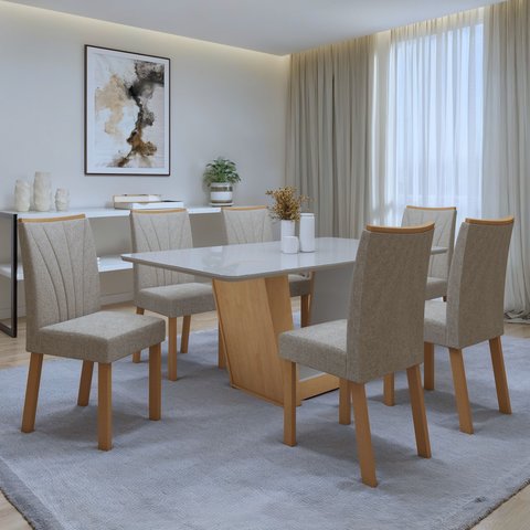 Conjunto Sala de Jantar 6 Lugares Retangular Tampo Vidro/MDF Mesa e Cadeiras Apogeu
