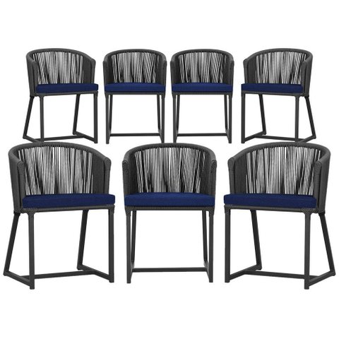 7 Cadeiras de Jantar Área Noronha em Alumínio com Pintura Preta Corda Náutica Estofado 10 Trama Orig