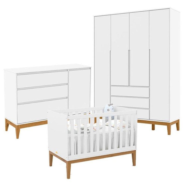Quarto de Bebê Nature Clean 4 Portas com Berço Unique Branco Soft Eco Wood - Matic Quarto de Bebê Nature Clean 4 Portas com Berço Unique Branco Soft Eco Wood - Matic
