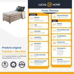 Cama Box Baú + Colchão Solteiro King Classic Molas Pocket 96x203x64cm - 2