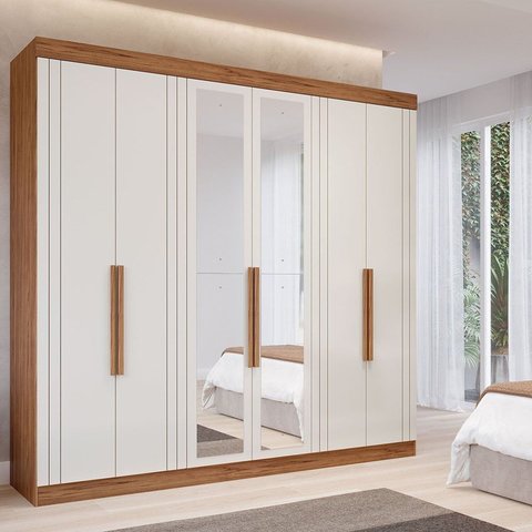 Guarda-Roupa Casal 6 Portas com 4 Espelhos e 6 Gavetas 234cm 100% MDF Boston Espresso Móveis Bege/Cinamomo/Off White