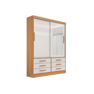 Guarda Roupa Solteiro com Espelho 2 Portas Correr 6 Gavetas Meridian – Cinamomo/off White