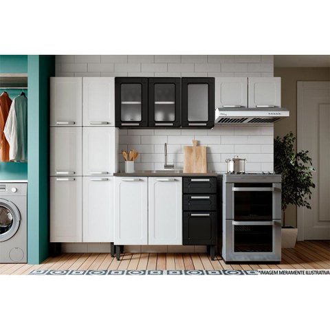 Cozinha Completa Múltipla 4 Peças (2 Armários + 1 Balcão + 1 Paneleiro) C4P76 Branco/Preto - Bertoli