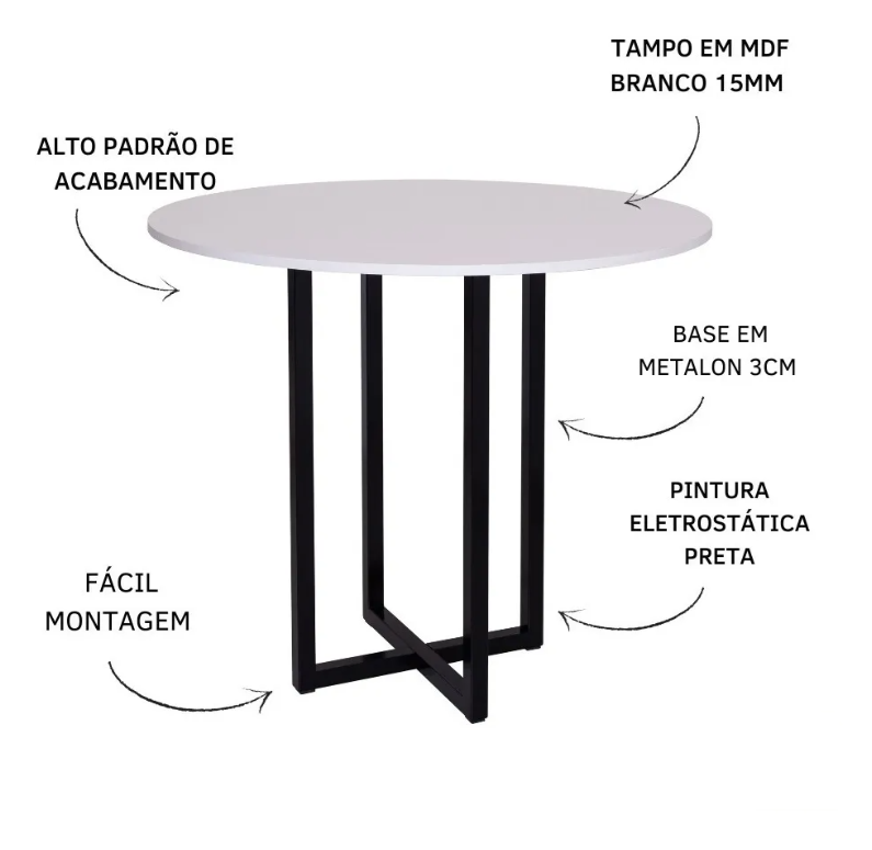 Mesa redonda de jantar pequena moderna estilo industrial tampo branco 90cm para 4 lugares - 3