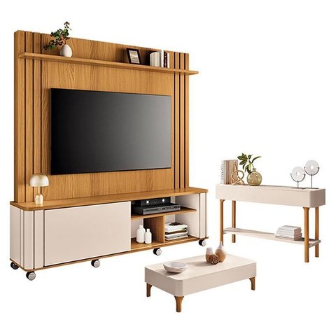 Estante Home Theater Trinus Cinamomo Off White com Mesa de Centro Liz e Aparador Fiero Off White -