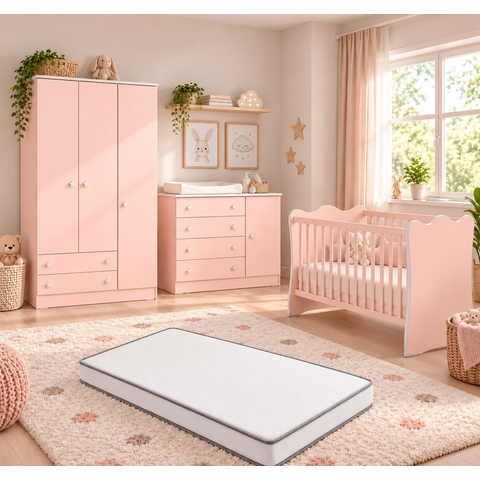 Quarto de Bebê Completo Doce Sonho com Berço Guarda Roupa 3 Portas Cômoda 4 Gavetas e Colchão Movell