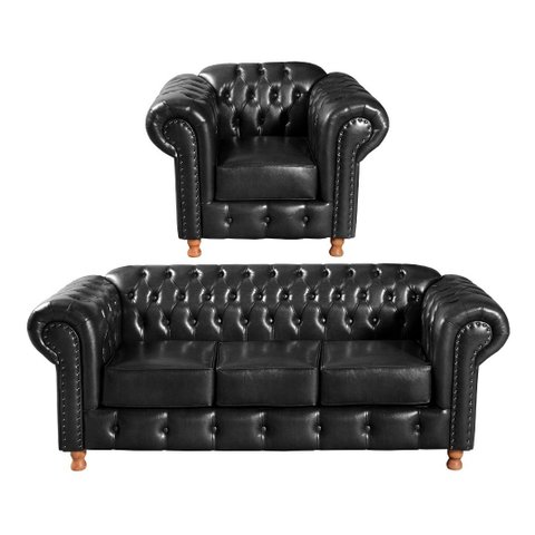Conjunto Sofá 3 Lugares E Poltrona Chesterfield Com Capitonê Luís Xv - Couríssimo Preto