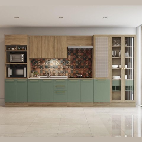 Kit Cozinha Completa Modulada Balcão para Pia Armário Paneleiro Cristaleira Marrom Madeira Verde