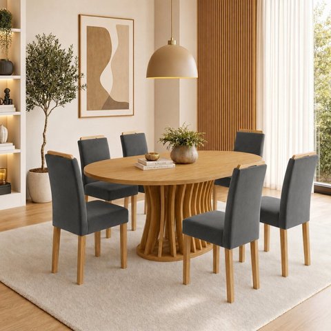 Conjunto Sala de Jantar 6 Lugares Tampo MDF 180x90cm Mesa Orgânica Arthus e Cadeiras Lyra