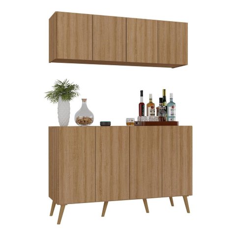 Kit Bar Armário Aéreo e Aparador 4 Portas Retrô Multimóveis Mp1086 Rustic/natural