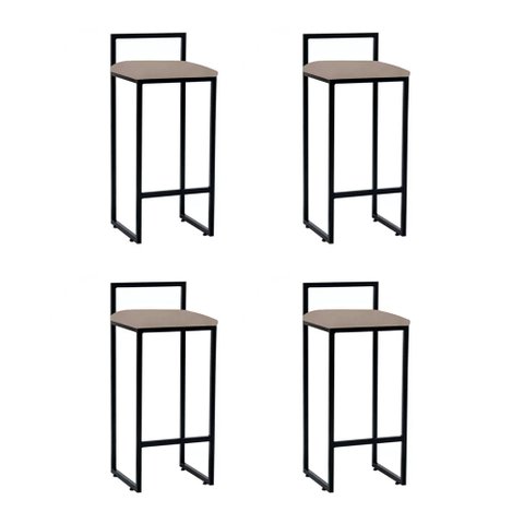 Kit 4 Banquetas Industrial Alta Bar Cozinha Bistrô em Aço Dori Preta Assento Suede Bege