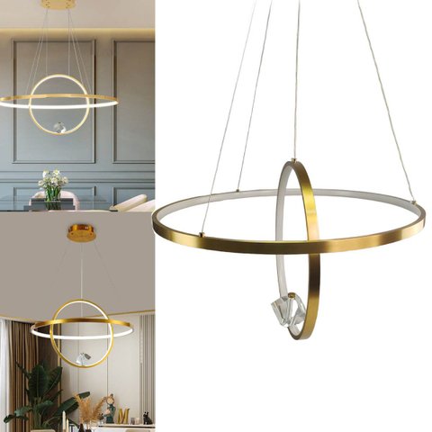 Luminaria Lustre Pendente 2 Aneis Arco Infinito Planeta Luxo Diamante Design Moderno Sala Mesa Quart