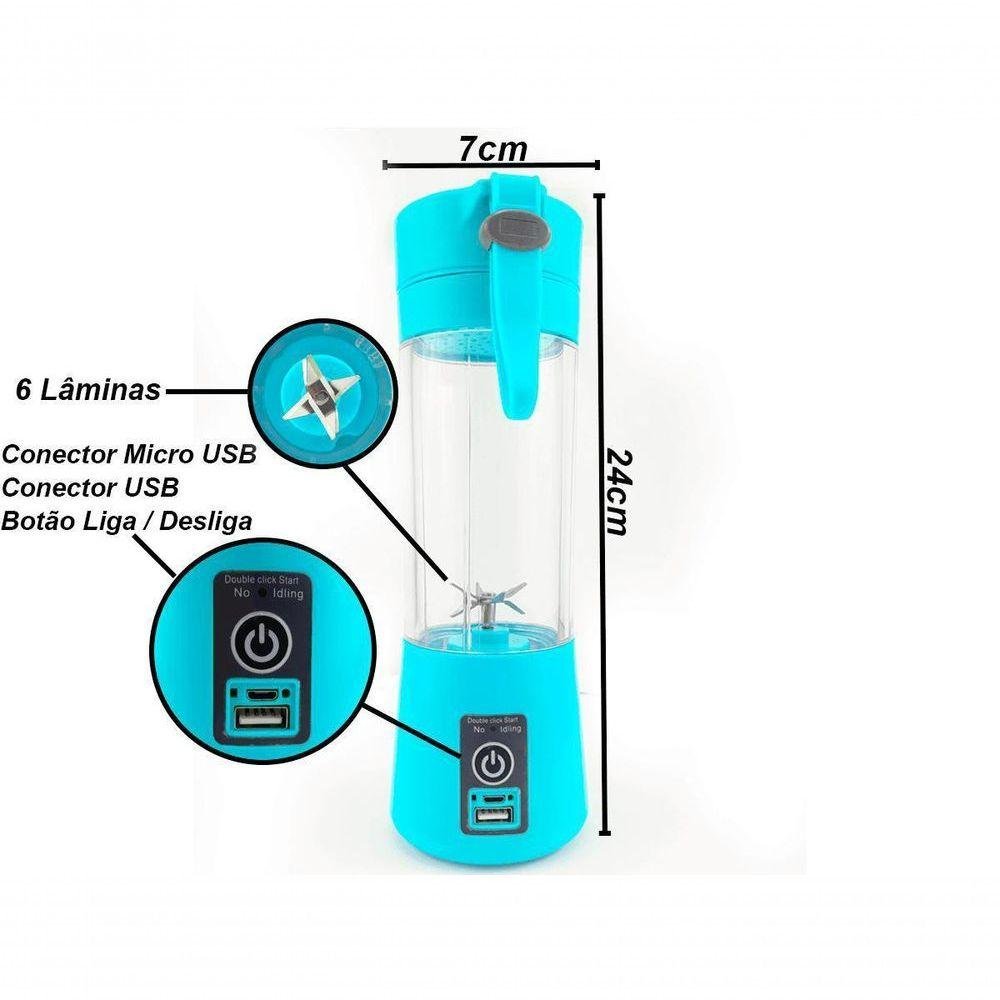 Mini USB Liquidificador Portatil 6 Lâmina Mixer Portatil Shake Coqueteleira  Eletrica Sem Fio Squeeze Recarregavel (Azul)