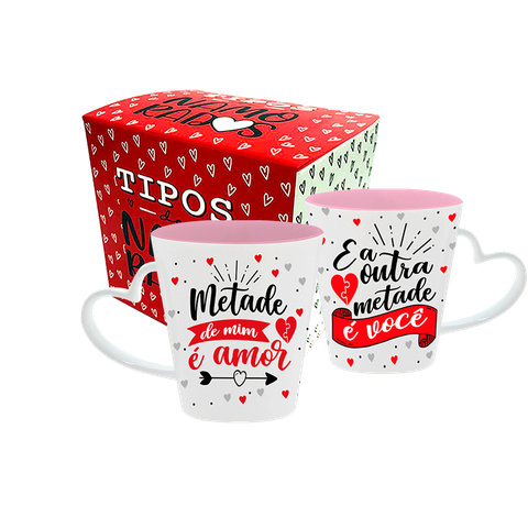 CANECA DROP CORACAO BICOLOR ROSA - METADE DE MIM