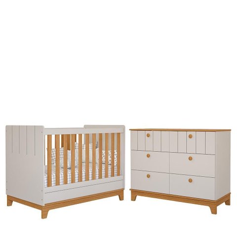 Jogo de Quarto Infantil Biscoito Cômoda 6 Gavetas e Berço Off White/nature - Permóbili Baby