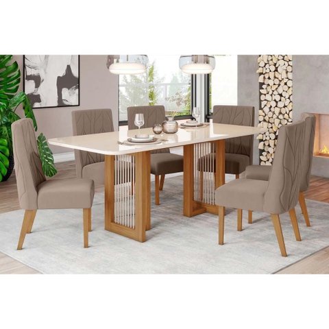 Conjunto: Mesa Sala Jantar Yara C/ Tampo Madeirado C/ Vidro Curvo 200x90cm e 6 Cadeiras Eloa Nature/