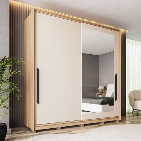 Roupeiro Barcelona MDF 2 Portas com Espelho 177cm Carvalho/Off White 250825