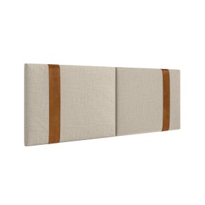 Cabeceira Artemis Queen Linho Cru com Detalhes Couro Caramelo - Ms